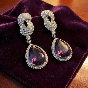 Amethyst & Diamond Halo Pear-Shaped Drop Earrings